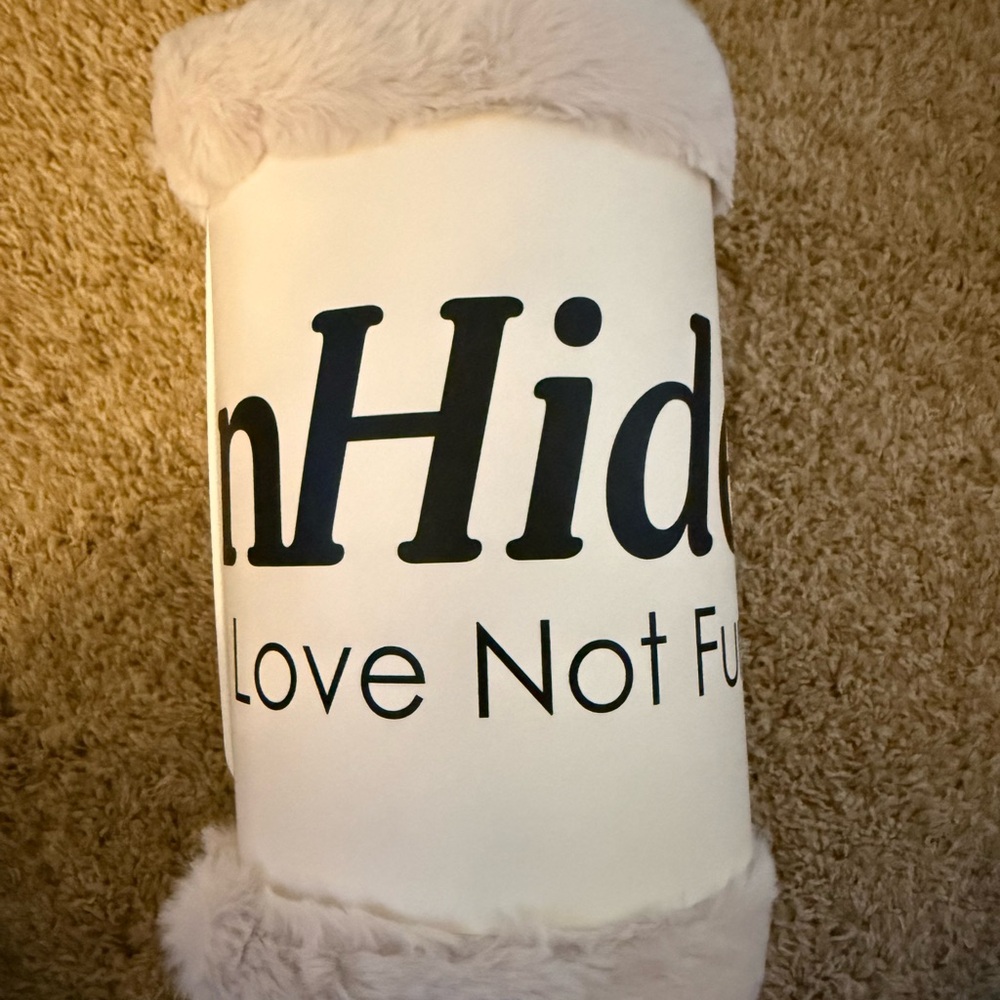 Love Not Fur Plush Throw Blanket by nHid - White with Light Pink Trim